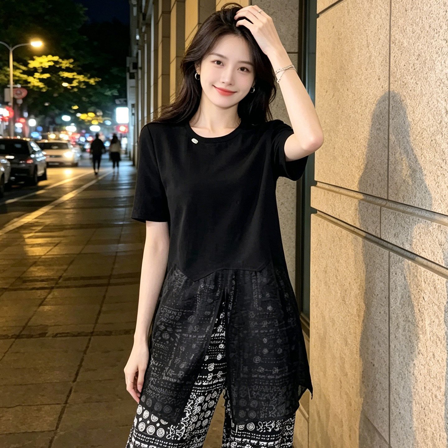 BY27192# 小众短袖t恤女夏季新款网纱拼接黑色中长款上长- 服裝批發女裝批發服飾貨源
