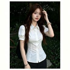 批发已出货白<b class='q'>衬衫</b>女夏小个子系带收腰泡泡袖短袖<b class='q'>衬衣</b>百搭短款上衣
