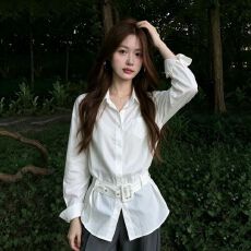 批发已出货早秋韩系腰带收腰显瘦翻领单口袋通勤气质<b class='q'>衬衣</b>上衣