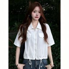 批发已出货袋拉链<b class='q'>衬衣</b>女夏季下摆抽绳短款宽松显瘦短袖<b class='q'>衬衫</b>