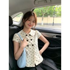 批发已出货韩系甜美波点娃娃领短袖<b class='q'>衬衫</b>女夏季双排扣百搭短款上衣