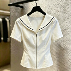 批发已出货 学院风海军领撞色边短袖<b class='q'>衬衫</b>女拉链修身<b class='q'>显瘦</b>简约通勤上衣