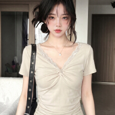 批发已出货 扭结<b class='q'>短袖</b>T恤设计感百搭蕾丝拼接夏季修身显