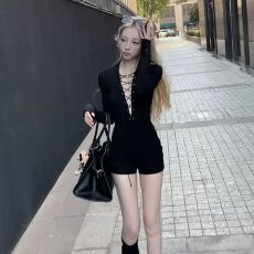 批发已出货仿棉美式辣妹春秋修身连体短裤绑带v领修身潮酷连衣裤<b class='q'>女</b>