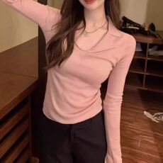 已出货高级螺纹polo翻领针织毛衣女春秋冬季V领法式内搭长袖打