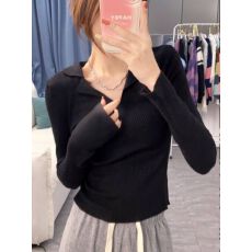 批发已出货高级螺纹polo翻领针织<b class='q'>毛衣</b>女春秋冬季V领法式内搭长袖打