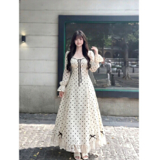 批发已出货 法式气质波点方领<b class='q'>蕾丝</b>花边长款连衣裙温柔风优雅复古收腰