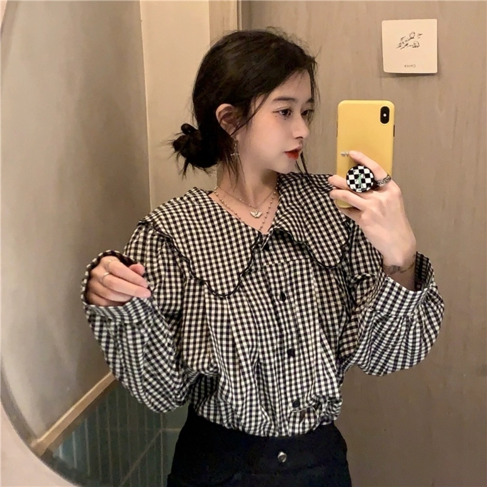 法式撞色格子娃娃领衬衫女秋季新...