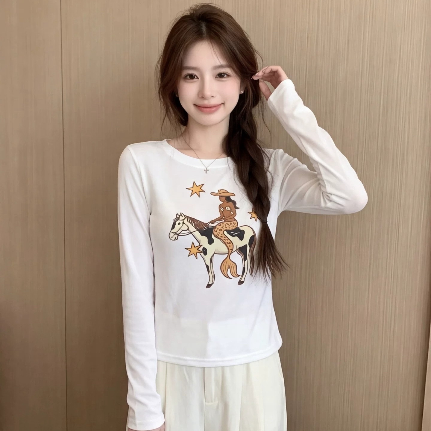 人棉水印图案早秋新款休闲百搭修身显 服裝批發女裝批發服飾貨源