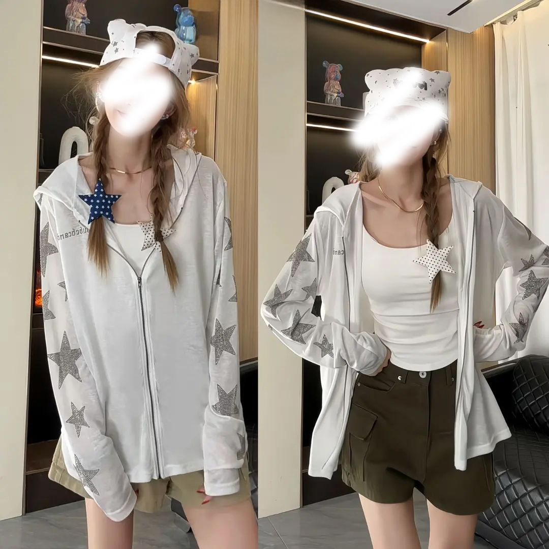 字母烫钻防晒衣女夏季宽松拉链上衣服 服裝批發女裝批發服飾貨源