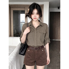 批发已出货 高品质 军绿色中袖衬衫女秋季2026新款设计感宽松休闲上衣