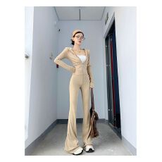 批发已出货巨显身材的白女套装修身高腰加长微喇<b class='q'>裤</b>显瘦收腰连帽长袖