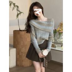 批发已出货秋季撞色渐变设计感<b class='q'>一字领</b>毛衣女气质假两件针织上
