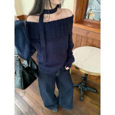 批发已出货灰色气质麻花<b class='q'>一字肩</b>长袖毛衣针织衫女冬内搭露肩<b class='q'>上衣</b>