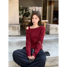 批发已出货新年红花朵<b class='q'>一字肩</b>打底衫女秋斜领露肩内搭针织<b class='q'>上衣</b>