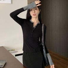 已出货复古新款撞色两件辣妹T恤长袖修身显瘦打底百搭设计上衣