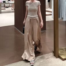 批发已出货香槟色醋酸阔腿裤裙<b class='q'>大码</b>女装宽松慵懒风休闲裤夏天巨好看