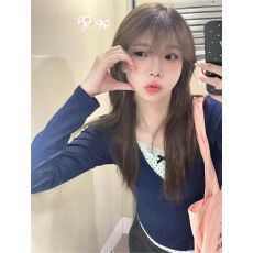 已出货修身波点假两件上衣女秋季显瘦长袖短款T恤