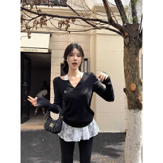已出货1*1 260克人棉莫代尔v领长袖T恤小个子修身显瘦百搭
