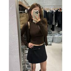 批发已出货小个子辣妹两件套女纯色高领无袖弹力修身<b class='q'>长袖</b>开衫