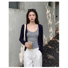 批发已出货藏青色<b class='q'>长袖</b>针织开衫女秋季早秋小个子外搭薄款针织衫短款