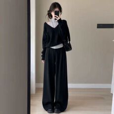 批发已出货韩系巨好看早秋穿搭一整套2026新款黑色上衣女背心阔腿<b class='q'>裤</b>