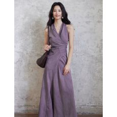 批发已出货紫色<b class='q'>挂</b><b class='q'>脖</b><b class='q'>连衣裙</b>女2026夏新款收腰显瘦气质无袖长裙