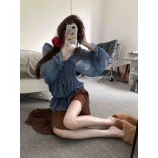 批发已出货法式荷叶边系带上衣女早秋松弛人丝肌理感方领罩衫<b class='q'>雪纺衫</b>