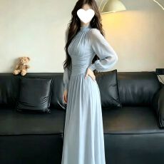 批发已出货2026新款法式气质长裙半高领褶皱长袖网纱连衣裙收腰修身