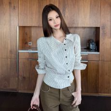 批发已出货韩系复古条纹<b class='q'>衬衫</b><b class='q'>女</b>翻领不规则收腰<b class='q'>衬衣</b>修身气质上衣