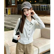 批发已出货韩系复古条纹<b class='q'>衬衫</b><b class='q'>女</b>翻领不规则收腰<b class='q'>衬衣</b>修身气质上衣