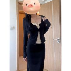 批发已出货2026新款高级感黑色显瘦开衫背心半身裙三件套女