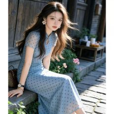 批发已出货波点短袖<b class='q'>旗袍</b>连衣裙女夏季绝美巨好看气质修身包臀长裙子