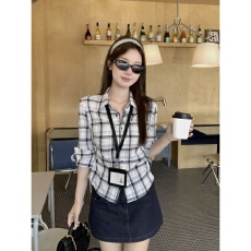 批发美式复古格纹polo领七分袖<b class='q'>衬衫</b>女设计感褶皱收腰显瘦