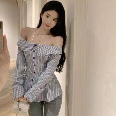 批发已出货一字领修身收腰上衣女早秋新款性感辣妹条纹<b class='q'>衬衫</b>别致系带