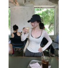 已出货撞色吊带长袖T恤两件套女春秋收腰上衣