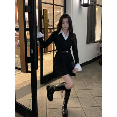 批发已出货<b class='q'>春</b>秋季新款辣妹黑色长袖假两件连衣裙女收腰显瘦设计感a