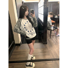 批发已出货原版做工华夫格纯棉面料美式<b class='q'>街头</b>豹纹袖插肩印花亚文