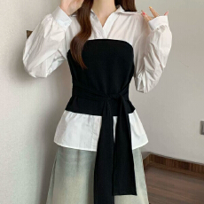 批发已出货 美式复古撞色假两件设计感长袖<b class='q'>衬衫</b>女早秋收腰翻领<b class='q'>衬衣</b>白