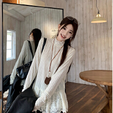 批发已出货蕾丝花边长袖套头t恤女<b class='q'>春</b>秋设计感小众打底衫半高领性感内