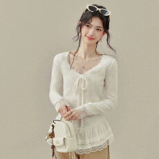 批发已出货 甜美蕾丝花边波点打底衫女<b class='q'>春</b>季韩系蝴蝶结内搭上衣长袖T恤