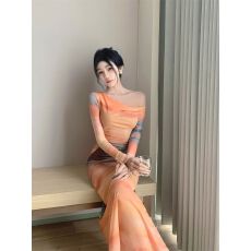 批发已出货洋气少女网纱扎染印花荡领<b class='q'>长</b>袖连衣裙海边度假<b class='q'>长</b><b class='q'>裙子</b>