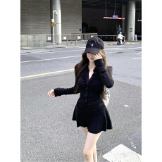 批发已出货黑色褶皱长袖<b class='q'>衬衫</b>连衣裙子女早秋季2026新款辣妹修身收腰a