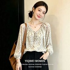 批发已出货 韩系穿搭系带v领波点衬衫女2026新款秋季<b class='q'>雪纺</b><b class='q'>衫</b>漂亮上衣女