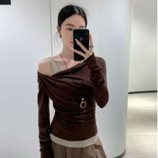 批发已出货 【外套人棉+背心羊绒面料】<b class='q'>露肩</b>长袖<b class='q'>t</b><b class='q'>恤</b>女秋季假两件上衣