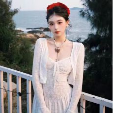 批发已出货 多巴胺<b class='q'>连衣裙</b>女纯欲<b class='q'>蕾丝</b>弹力提花开衫度假吊带长裙套装夏