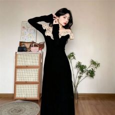 批发已出货 法式多巴胺新款长袖<b class='q'>春秋</b>显瘦蕾丝气质生日出片裙子<b class='q'>连衣裙</b>