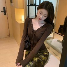 批发已出货 仿棉罗纹 轻熟女内搭长袖<b class='q'>T</b><b class='q'>恤</b>秋季修身蕾丝显瘦上衣