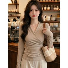 批发已出货 交叉褶皱V领打底衫女内搭长袖<b class='q'>T</b><b class='q'>恤</b>法式掐腰短款上衣