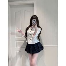 批发已出货 超火穿搭一整套女秋季蕾丝娃娃领<b class='q'>衬衫</b>波点半身裙两件套装
